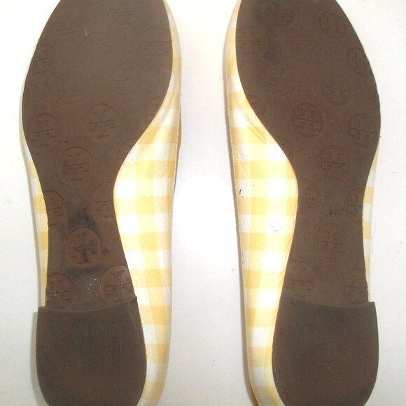 Tory Burch Minnie Yellow & White Gingham Ballet Flats w Yellow Patent Logo - Picture 9 of 9